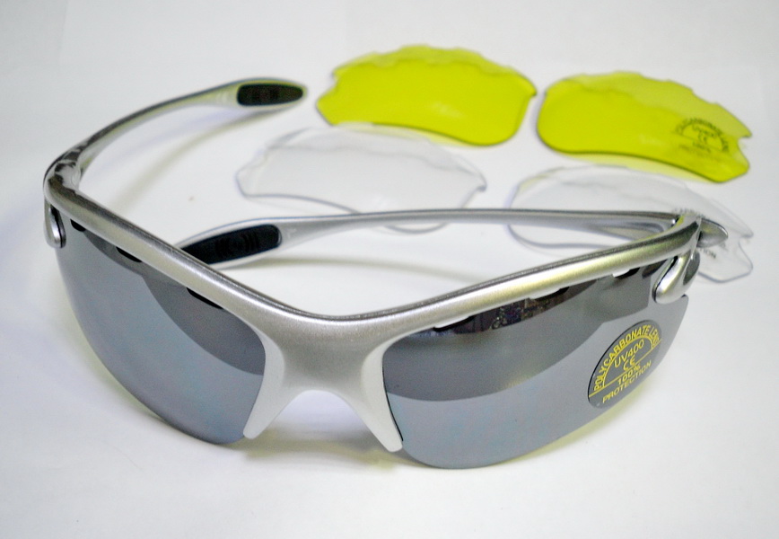 Велоформа Очки Kindavid S12101, оправа серебристая, линзы поликарбонат UV400 - серые, прозрачные, жёлтые   в